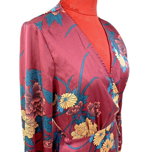 Lulus Size M Long Sleeve Silky True Wrap Dress Burgundy Teal Gold Floral Boho - Picture 8 of 9